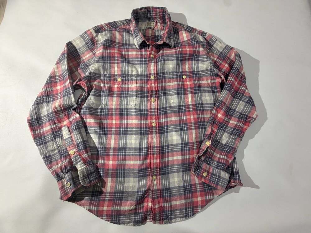 Vintage Plaid Flannel Shirt Red Blue White Long Sleeve Button Up Mens